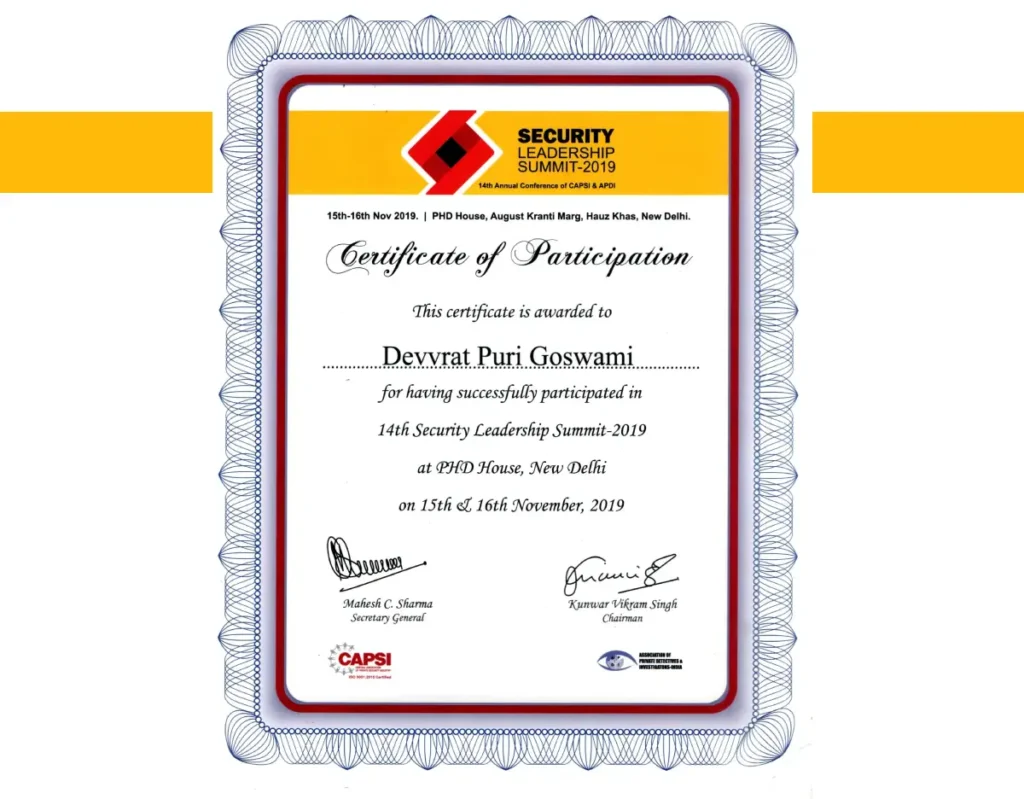 Certificate of Participation This certificate is Awarded to Devvrat Puri Goswami.